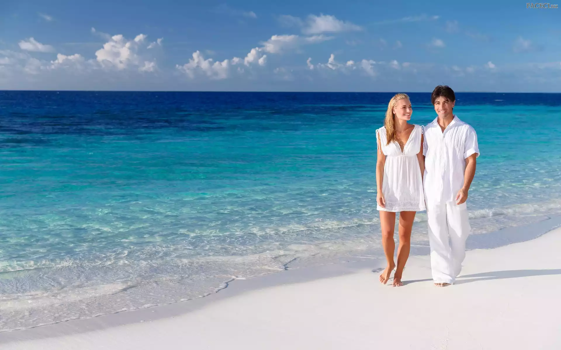 Spacer, Meżczyzna, Plaża, Morze, Kobieta